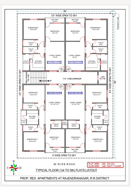 Typical floor plan, four flats per floor